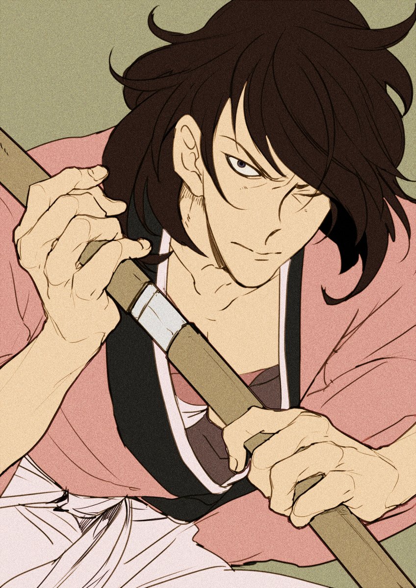 1boy, black_eyes, black_hair, chidentsu, closed_mouth, commentary_request, highres, holding, holding_sheath, holding_sword, holding_weapon, ishikawa_goemon_xiii, japanese_clothes, katana, kimono, lupin_iii, male_focus, medium_hair, official_alternate_costume, one_eye_closed, pink_kimono, samurai, scabbard, sheath, solo, sword, unsheathing, weapon