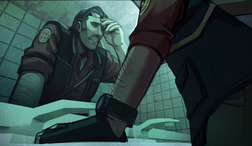 1boy, absurdres, arm_hair, bathroom, black_gloves, black_hair, black_vest, collared_shirt