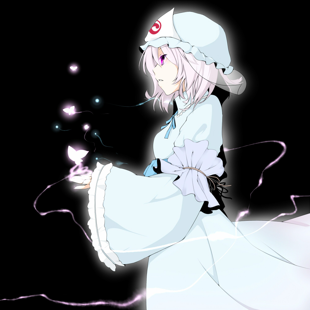 butterfly, glowing, hat, japanese_clothes, pink_hair, purple_eyes, saigyouji_yuyuko, shierutei, short_hair, simple_background, smoke, solo, touhou, trails, triangular_headpiece, violet_eyes