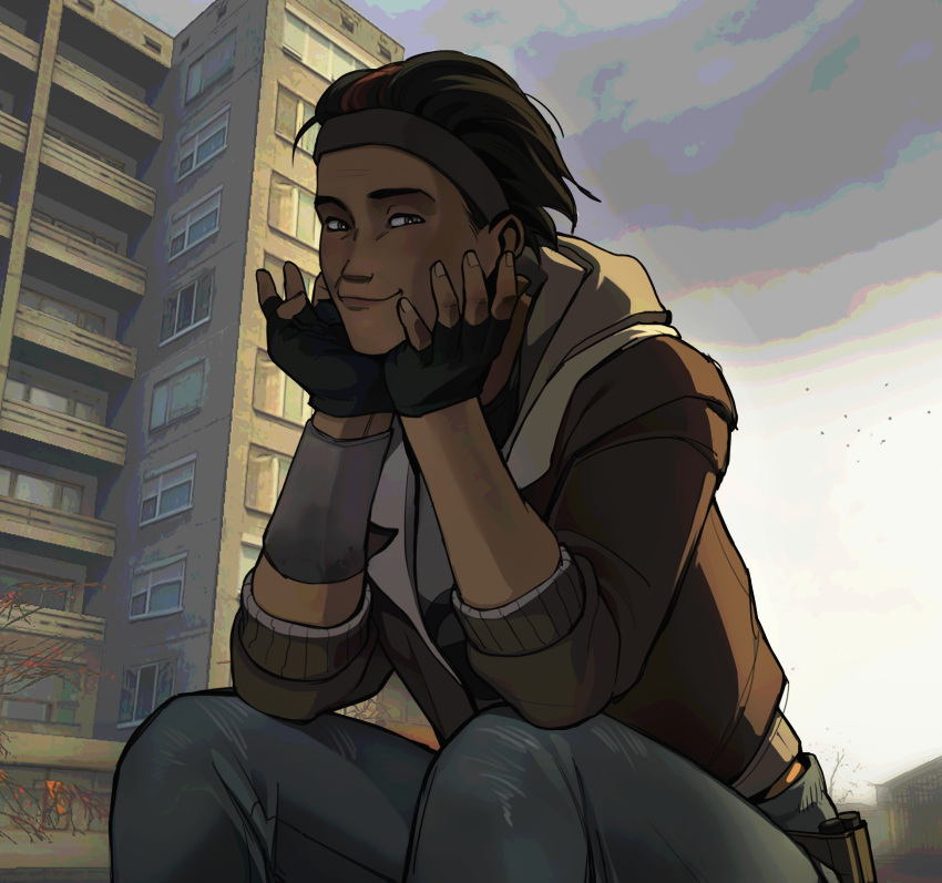 1girl, alyx_vance, black_gloves, black_hair, black_headband, blue_pants, brown_jacket, building