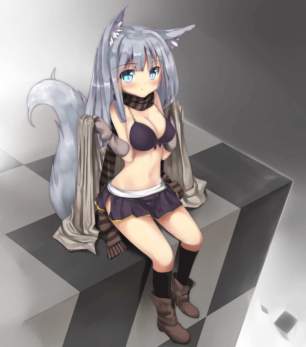 bad_id, bikini_top, black_legwear, blue_eyes, boots, breasts, checkered, cleavage
