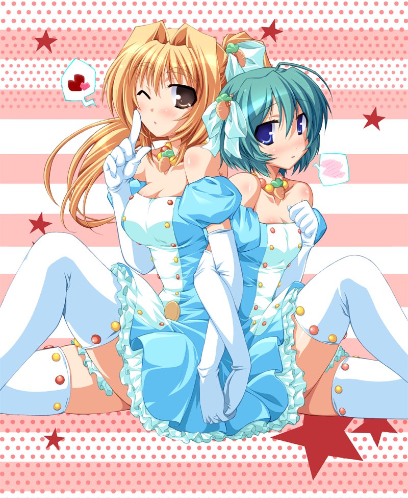 ahoge, aqua_hair, back-to-back, bare_shoulders, blonde_hair, blue_eyes, blush, bow