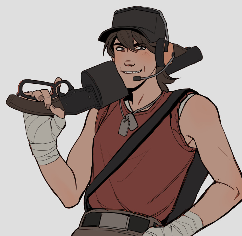 1boy, bandaged_hand, bandages, baseball_cap, belt, black_belt, black_hat, brown_hair