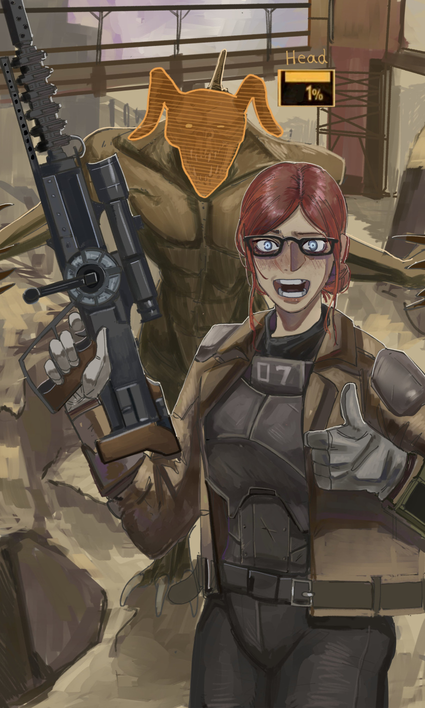 1girl, absurdres, belt, black_belt, black_pants, blue_eyes, courier_(fallout:_new_vegas), deathclaw