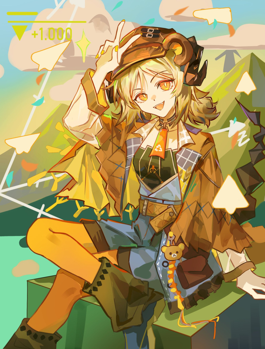 1girl, animal_ears, arknights, arm_above_head, bear_ears, black_horns, black_shirt, blonde_hair