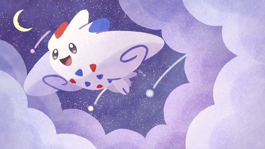 clouds, commentary_request, crescent_moon, happy, highres, moon, night, no_humans, open_mouth, pokemon, pokemon_(creature), pokemon_focus, ririko_(nagareboshi), shooting_star, smile, solo, togekiss, wings
