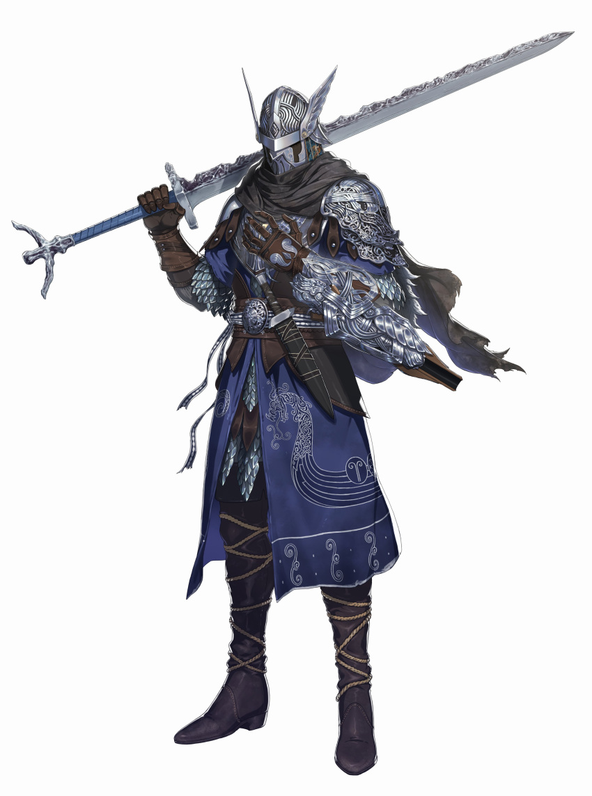 absurdres, arm_cannon, arm_mounted_weapon, armor, belt_buckle, bite_addict, black_scarf, blue_coat