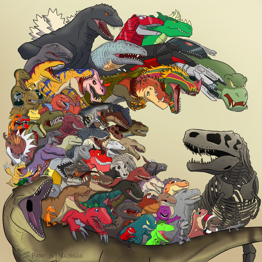 6+others, absurdres, agumon, barney, barney_&amp;_friends, beast_wars, character_request, claws, commentary, copyright_request, crossover, digimon, digimon_(creature), dinosaur, dinosaur_king, dinosaur_train_(series), english_commentary, extreme_dinosaurs_(series), fang_(primal), fate_(series), gen_6_pokemon, genndy_tartakovsky's_primal, godzilla, godzilla_(series), grimlock, highres, kijo_kouyou_(fate), kyouryuu_sentai_zyuranger, looking_at_viewer, mecha, megatron_(beast_wars), monster_hunter_(series), multiple_boys, multiple_girls, multiple_others, muscular, nazrigar, nintendo, pectorals, pokemon, rex_(toy_story), robot, serious, sharp_teeth, smile, super_sentai, tail, teeth, the_land_before_time, toy_story, trait_connection, transformers, tyranomon, tyrantrum