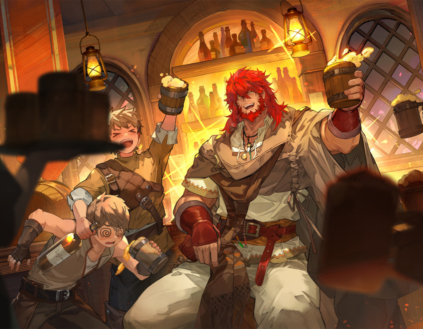 3boys, barrel, beard, beer_mug, belt, bottle, brown_belt, brown_cloak, brown_hair, camelot_(sword_of_convallaria), chest_guard, cloak, cup, facial_hair, fingerless_gloves, full_beard, game_asset, gloves, hand_up, holding, holding_cup, jewelry, lantern, lattice, medium_hair, mug, multiple_boys, muscular, muscular_male, necklace, non-web_source, official_alternate_costume, official_art, pants, red_hair, short_hair, sitting, sleeveless, sword_of_convallaria, tavern, toasting_(gesture), tunic, vambraces, white_pants, window