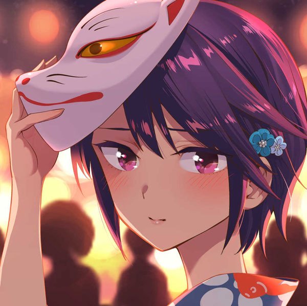 1girl, blurry, blurry_background, blush, closed_mouth, commentary_request, fox_mask, hand_on_mask