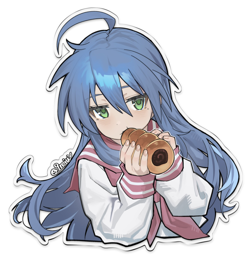 1girl, absurdres, ahoge, artist_name, blue_hair, chocolate_cornet, commentary_request, cropped_torso