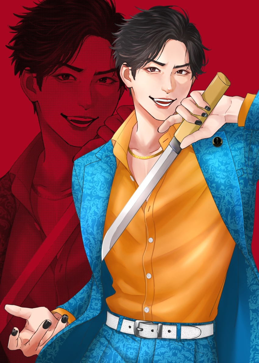1boy, belt, belt_buckle, black_hair, black_nails, blue_jacket, blue_suit, buckle, buttons, chain, collarbone, collared_shirt, commentary_request, cowboy_shot, dagger, forehead, gold_chain, highres, holding, holding_dagger, holding_knife, holding_weapon, jacket, jewelry, kiritanpo_game, knife, long_sleeves, necklace, nishitani_homare_iii, orange_shirt, red_background, ryuu_ga_gotoku_(series), ryuu_ga_gotoku_7_gaiden, shirt, short_hair, smile, solo, suit, weapon, yellow_shirt