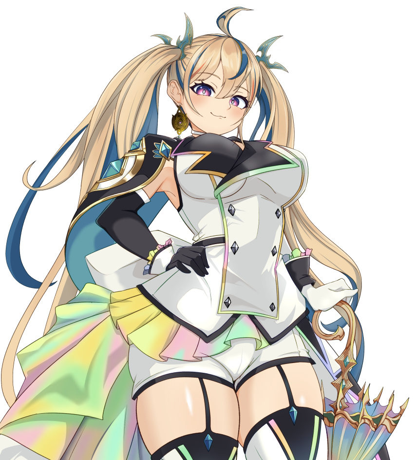 1girl, absurdres, ahoge, asymmetrical_gloves, black_gloves, blonde_hair, blue_hair, breasts