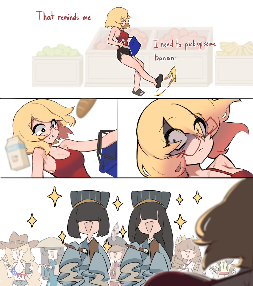 6+girls, absurdres, american_flag, american_flag_bikini, american_flag_print, baguette, banana_peel, bare_legs