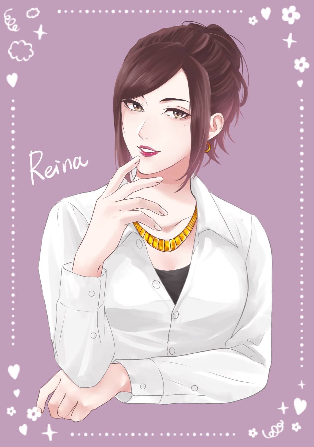 1girl, breasts, brown_hair, chain, character_name, collarbone, commentary_request, earrings
