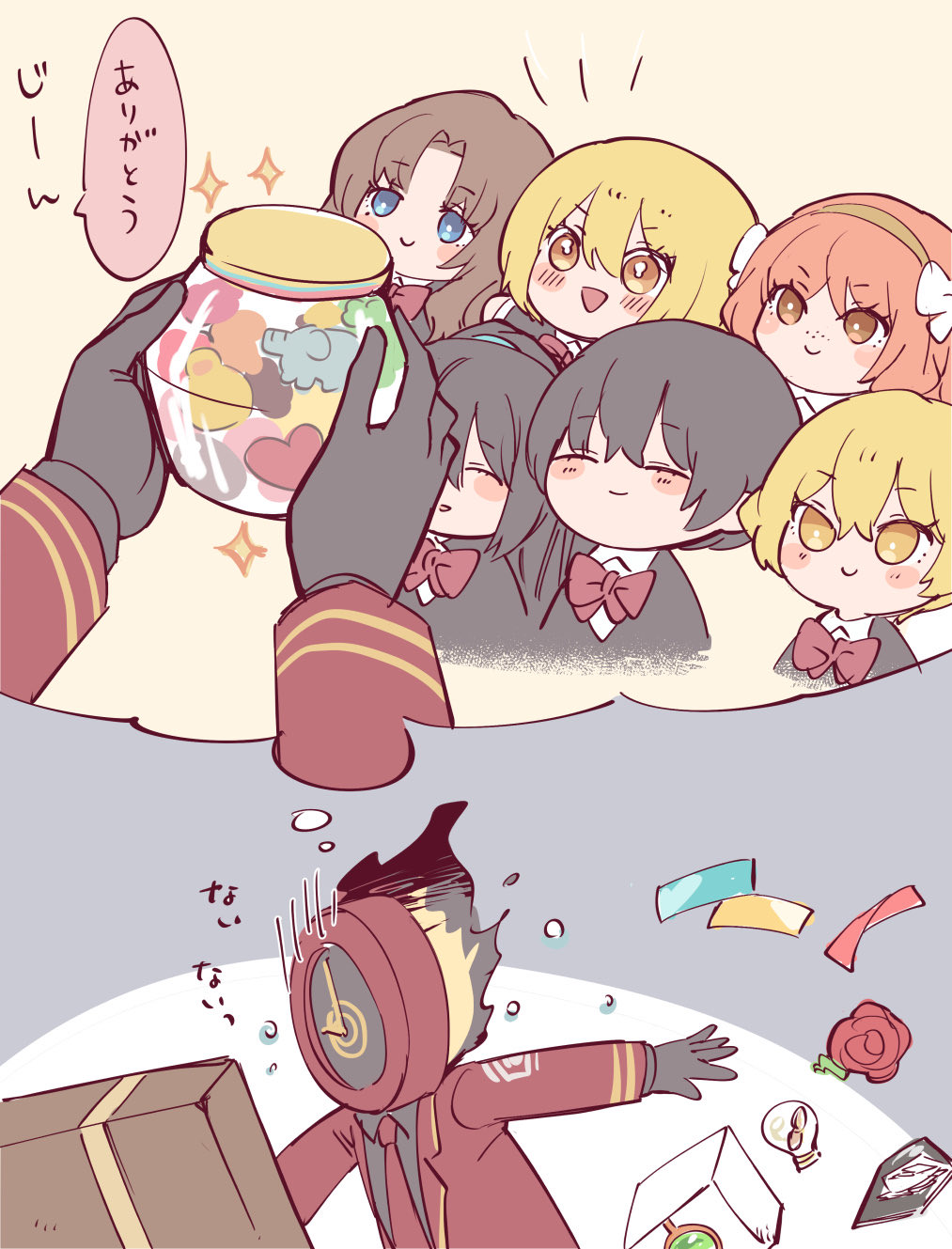 1other, 3boys, 3girls, aged_down, black_gloves, blonde_hair, blue_eyes, blush_stickers, bow, brown_hair, clock, closed_eyes, commentary_request, dante_(limbus_company), don_quixote_(project_moon), enkephalin_(project_moon), fire, gloves, hair_bow, headband, highres, hong_lu_(project_moon), ishmael_(project_moon), limbus_company, limbus_kindergarten_uniform, lunacy_(limbus_company), marbornath, multiple_boys, multiple_girls, object_head, orange_hair, project_moon, rodion_(project_moon), sinclair_(project_moon), speech_bubble, thought_bubble, yellow_eyes, yi_sang_(project_moon)