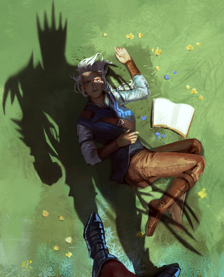1boy, 1girl, blue_vest, book, boots, brown_boots, brown_pants, ciri