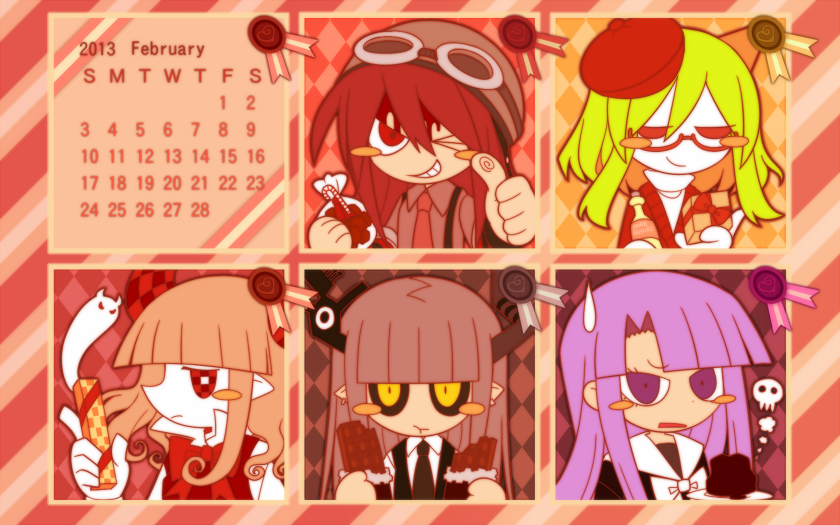 2013, 5girls, argyle_background, beret, black_sclera, bottle, cake, calendar_(medium)