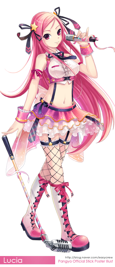 blush, bow, breasts, crop_top, fishnet_legwear, fishnet_stockings, fishnets, garter_straps, golf, hair_bow, hair_ornament, hands, lee_byung_hee, legs, long_hair, lucia, microphone, microphone_stand, midriff, navel, official_art, pangya, pink_hair, red_eyes, skirt, solo, sports, suspenders, thigh_highs, thighhighs, very_long_hair