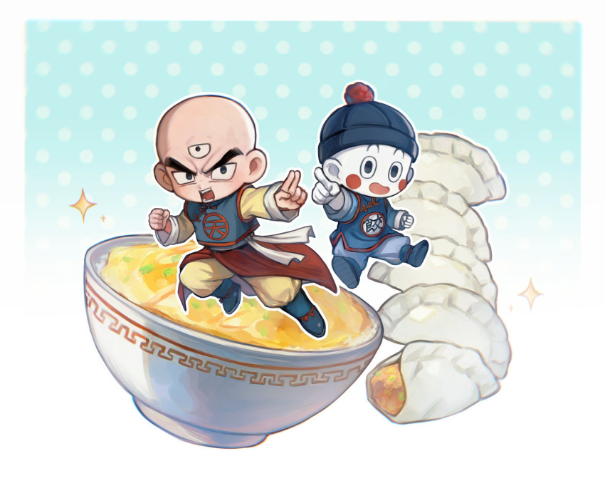 2boys, akuto013, baggy_pants, bald, black_boots, black_hat, blue_background, blue_shirt