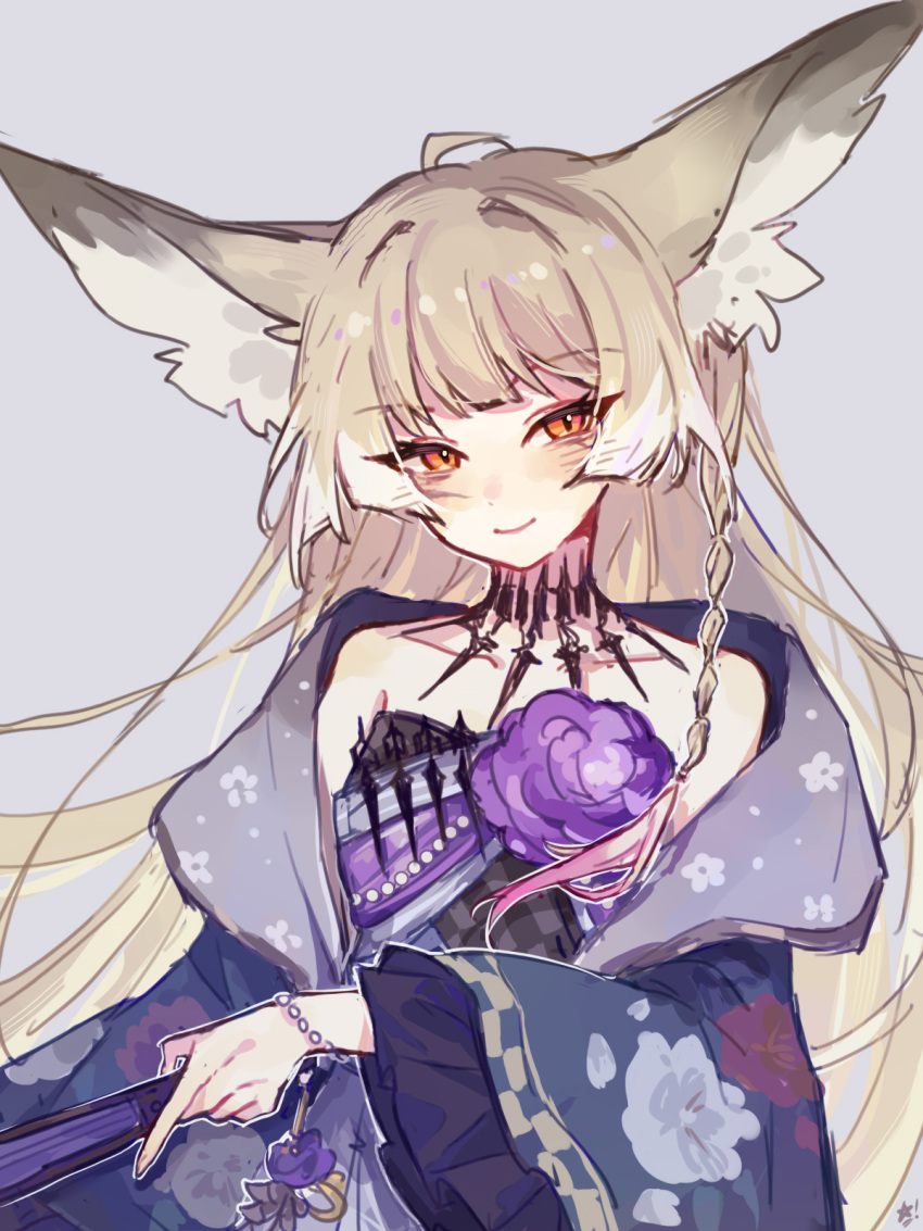 1girl, animal_ear_fluff, animal_ears, arknights, bare_shoulders, black_choker, blonde_hair, bracelet, chinese_commentary, choker, closed_mouth, commentary_request, dress, floral_print, floral_print_kimono, flower, fox_ears, fox_girl, frilled_sleeves, frills, grey_background, highres, japanese_clothes, jewelry, kimono, long_hair, long_sleeves, looking_at_viewer, lyukinree, official_alternate_costume, print_kimono, purple_flower, simple_background, smile, solo, upper_body, vulpisfoglia_(arknights), vulpisfoglia_(out_of_focus)_(arknights), wide_sleeves, yellow_eyes