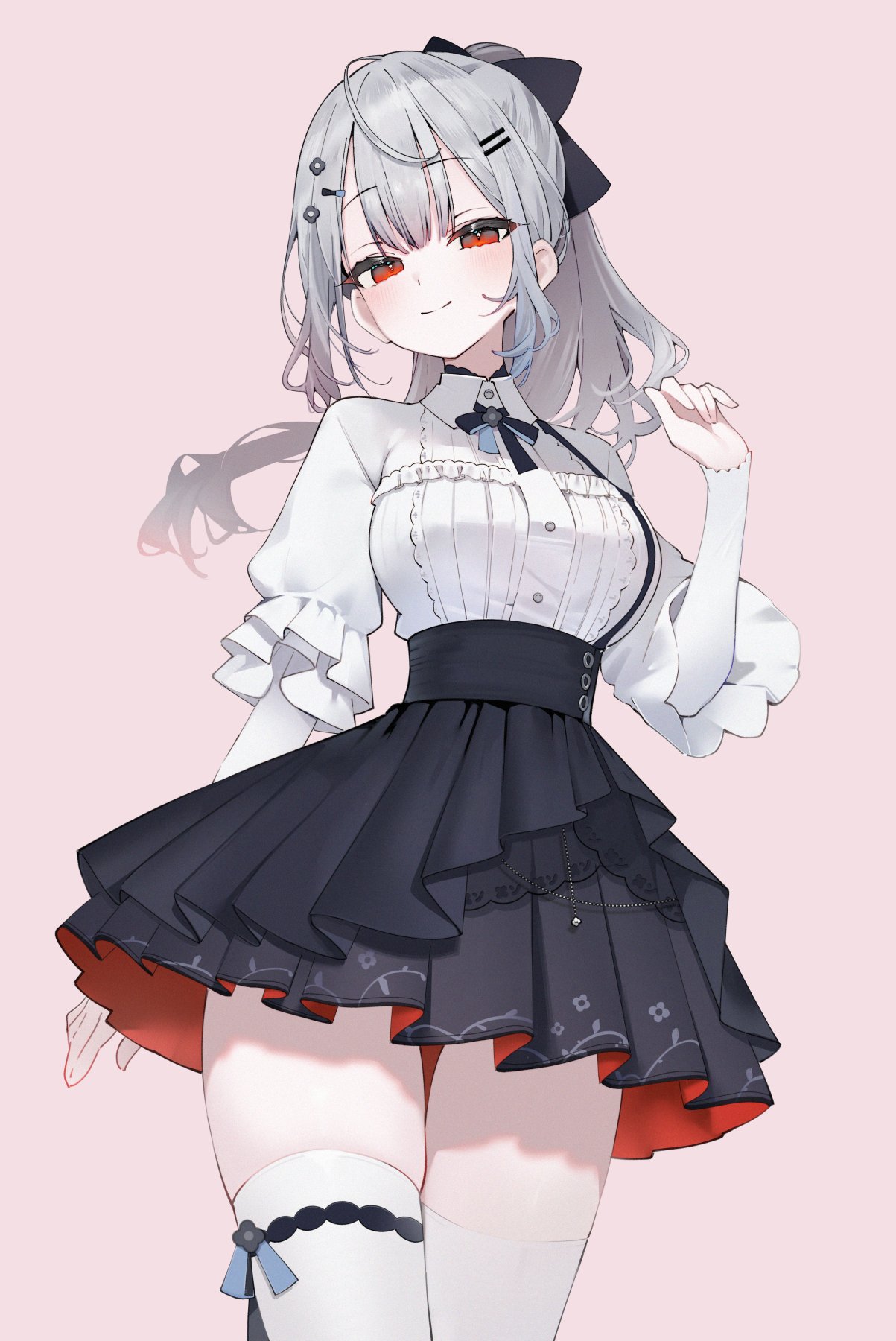 1girl, black_bow, black_skirt, blush, bow, breasts, closed_mouth, collared_shirt