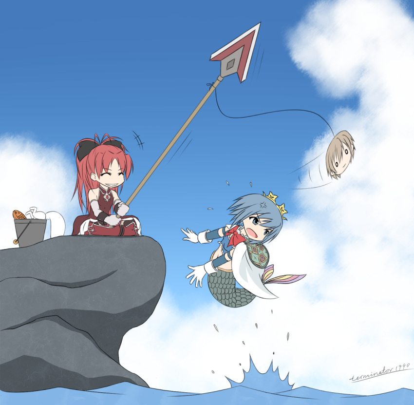 anger_vein, blue_eyes, blue_hair, boots, boulder, bow, brown_hair, bucket