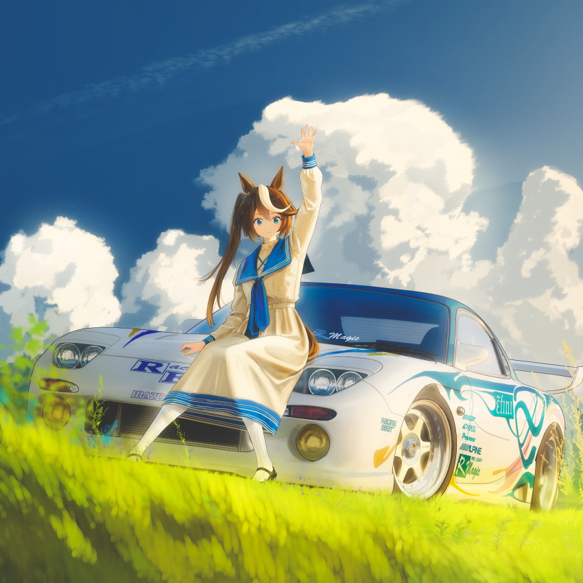 1girl, absurdres, alternate_costume, animal_ears, arm_up, black_shoes, blue_eyes, brown_hair