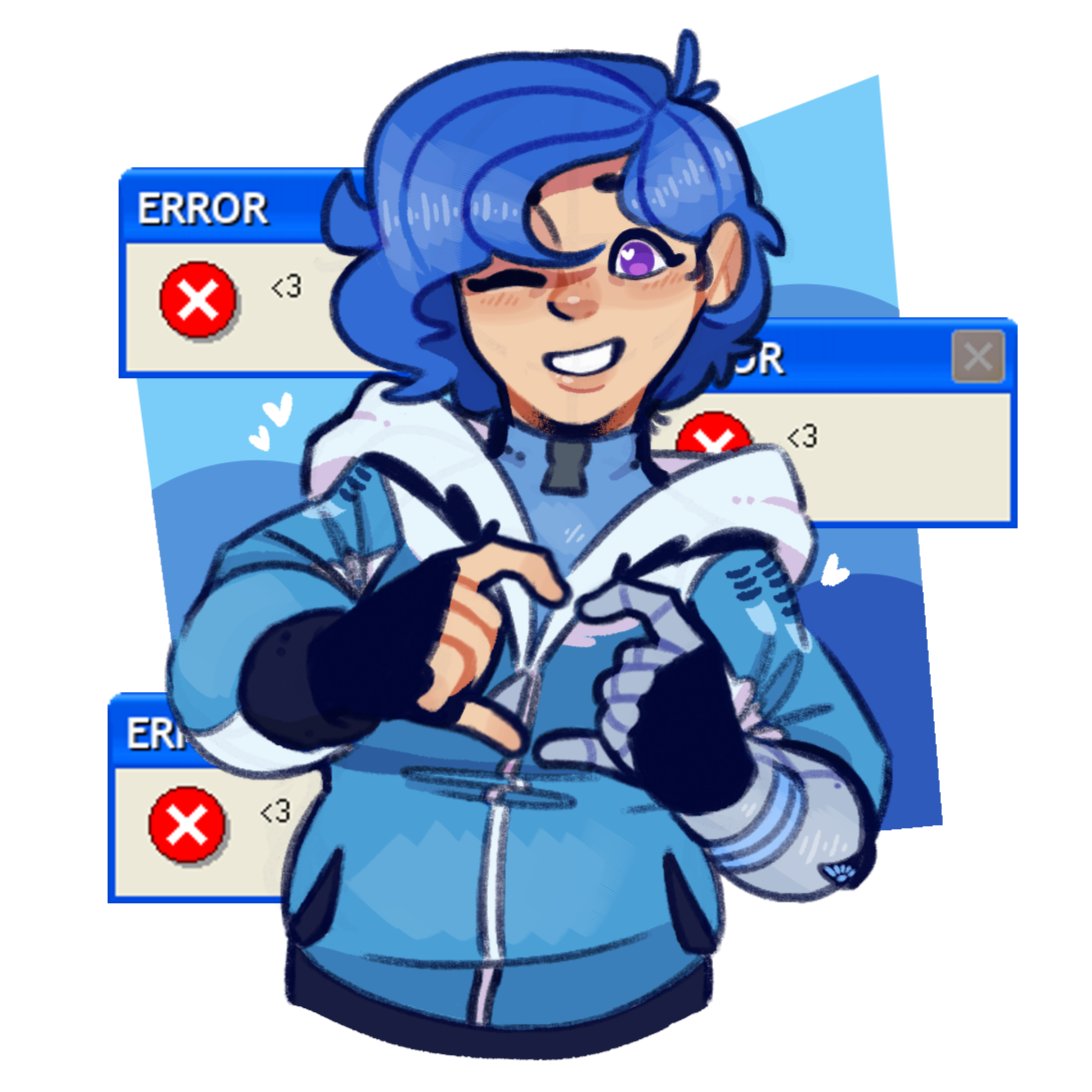 1girl, big_chez, blue_hair, blue_hoodie, commentary, cyborg, english_commentary, glitch