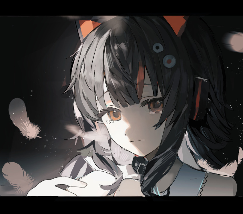1girl, animal_ear_headphones, animal_ears, black_background, black_hair, blunt_bangs, cat_ear_headphones, cat_ears