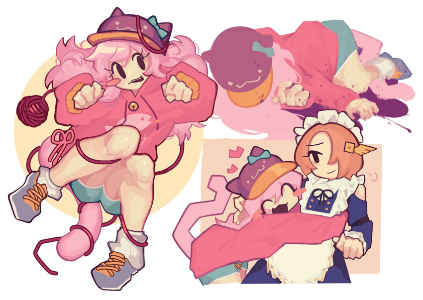 2girls, :3, :d, ^_^, affectionate, alternate_hair_length_(longer), animal_ears, animal_hat