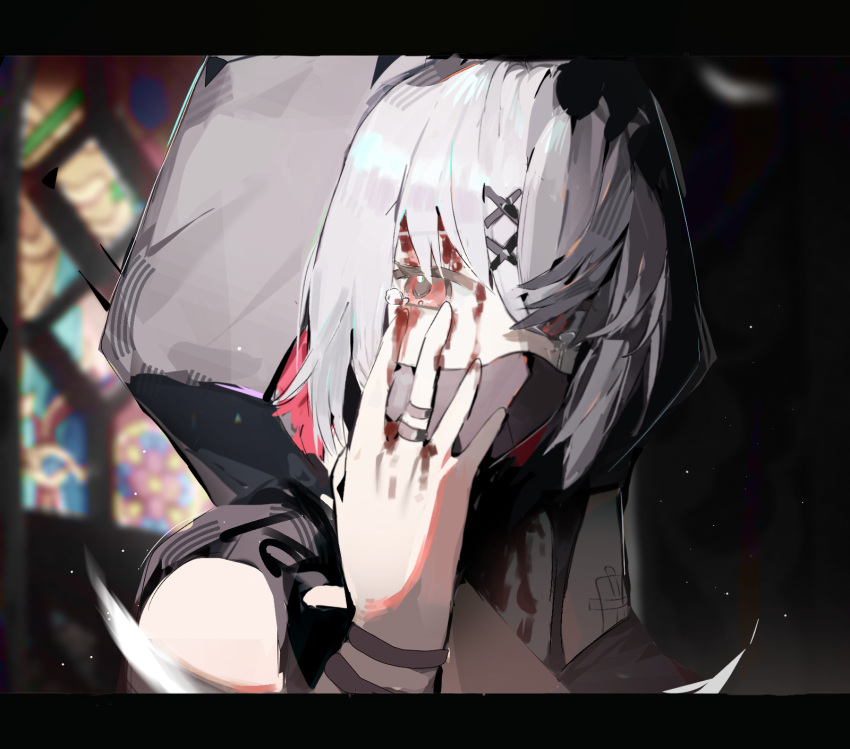 1girl, blood, blood_on_face, blurry, blurry_background, chinese_commentary, colored_inner_hair, commentary_request