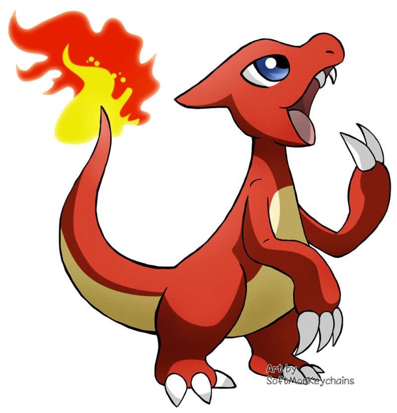 ana_(softkeychains), blue_eyes, charmeleon, claws, commentary, english_commentary, fangs, fire, flame-tipped_tail, full_body, no_humans, nostrils, open_mouth, pokemon, pokemon_(creature), signature, simple_background, solo, tail, white_background