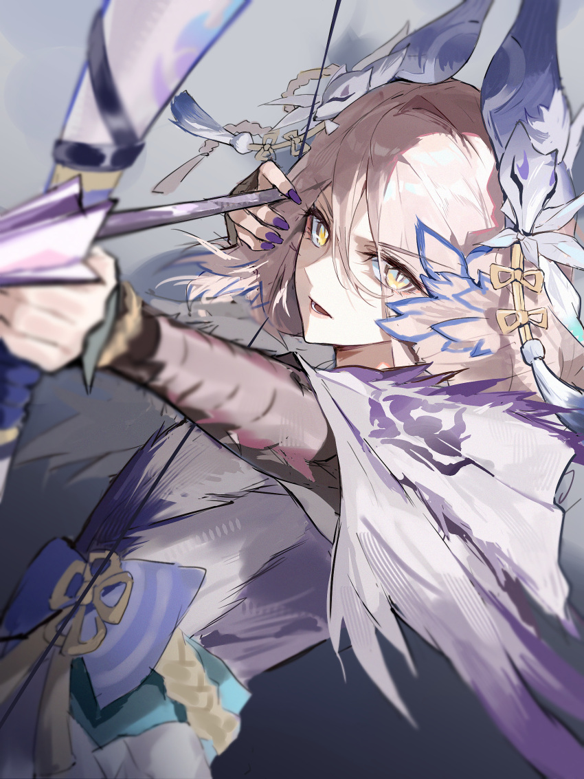 1girl, absurdres, arknights, arrow_(projectile), bird_girl, bow_(weapon), brown_hair, chinese_commentary
