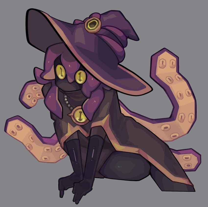 1other, accelerator_(tower_defense_simulator), alternate_hair_length_(longer), androgynous, animification, black_gloves, black_skin, brown_cloak, cephalopod_eyes, cloak, colored_skin, commentary, contrapposto, cropped_legs, double-parted_bangs, elbow_gloves, eyes_visible_through_hair, from_above, genderswap, genderswap_(mto), gloves, gold_trim, grey_background, hair_between_eyes, hair_flaps, hat, highres, invisible_chair, jewelry, leaning_forward, long_hair, looking_ahead, necklace, no_mouth, no_nose, official_alternate_costume, official_alternate_hair_color, official_alternate_skin_color, other_focus, pearl_necklace, purple_hair, purple_hat, roblox, sidelocks, simple_background, sitting, solo, space7human, suction_cups, tentacle_hair, tentacles, thick_lineart, tower_defense_simulator, turtleneck, very_long_hair, witch_hat, yellow_eyes, yokozuwari