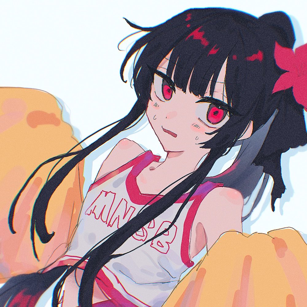 1girl, alternate_costume, alternate_hairstyle, bare_shoulders, black_hair, blunt_bangs, blush, cheerleader, commentary_request, embarrassed, flat_chest, flower, hair_flower, hair_ornament, holding, holding_pom_poms, light_blush, long_hair, looking_at_viewer, mahou_shoujo_no_majo_saiban, midriff_peek, nikaido_hiro, omegayukichi, open_mouth, pom_pom_(cheerleading), pom_poms, ponytail, red_eyes, red_flower, simple_background, sweatdrop, upper_body, white_background