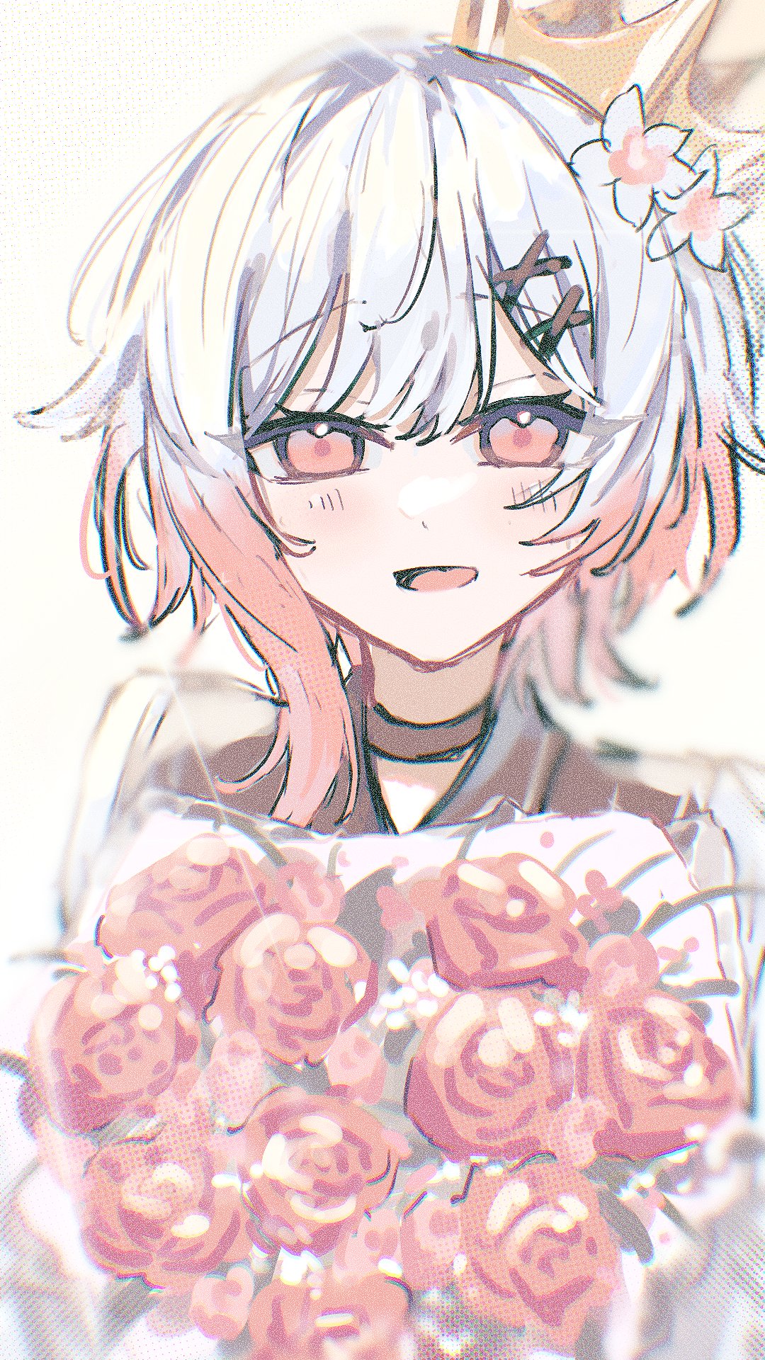 1girl, black_choker, bouquet, choker, commentary_request, cross_ornament, crown, flower