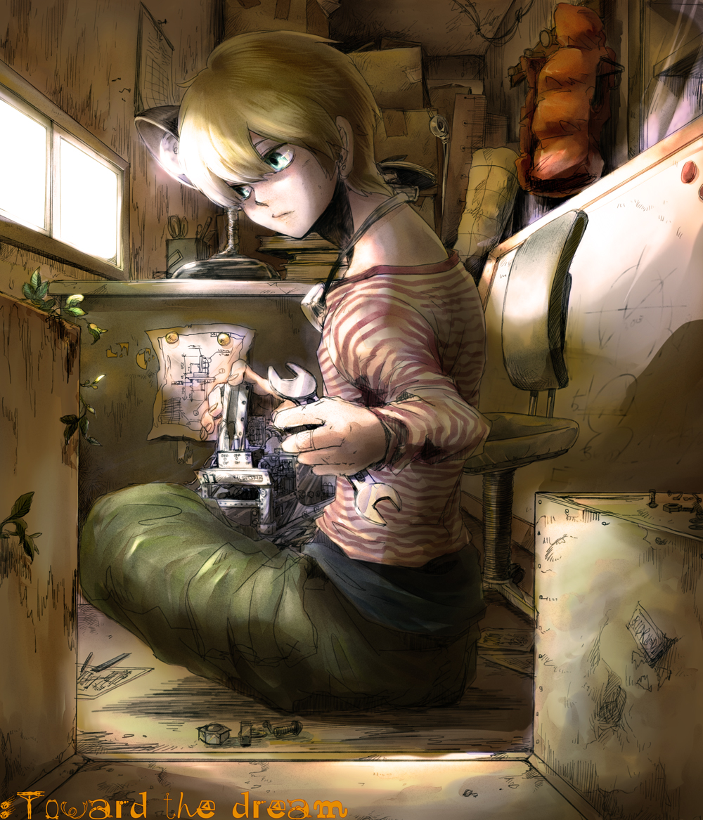 blonde_hair, blue_eyes, bolt, box, goggles, goggles_around_neck, green_eyes, holding, lamp, long_sleeves, office_chair, original, pants, plant, root666, schematics, shirt, solo, striped, striped_shirt, sunlight, window, wrench
