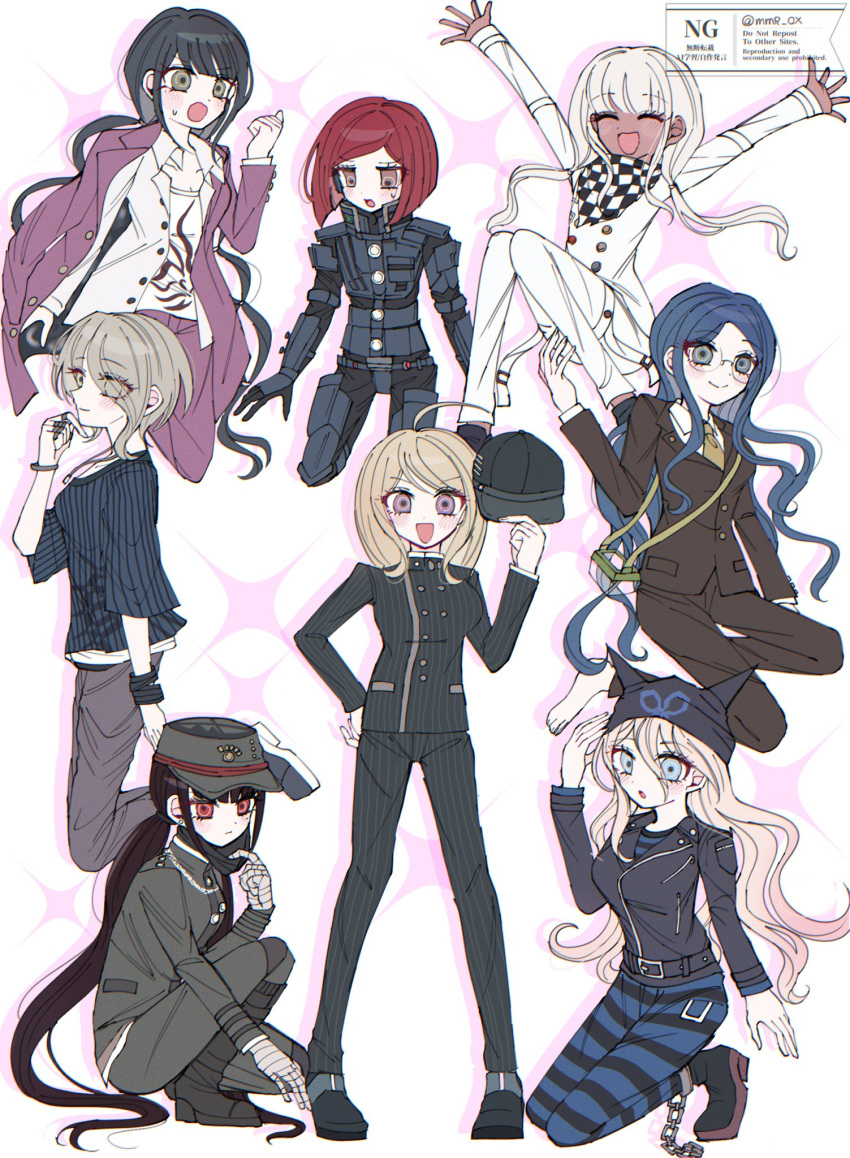 6+girls, :d, ahoge, akamatsu_kaede, amami_rantaro, amami_rantaro_(cosplay), android, barefoot, black_hair, blonde_hair, blue_hair, blue_pants, brown_hair, brown_jacket, brown_pants, chabashira_tenko, checkered_neckerchief, commentary_request, cosplay, danganronpa_(series), danganronpa_v3:_killing_harmony, glasses, gokuhara_gonta, gokuhara_gonta_(cosplay), hair_between_eyes, harukawa_maki, highres, hoshi_ryoma, hoshi_ryoma_(cosplay), iruma_miu, jacket, jewelry, k1-b0, k1-b0_(cosplay), long_hair, looking_at_viewer, low_twintails, mmr_0x, momota_kaito, momota_kaito_(cosplay), multiple_girls, neckerchief, necklace, oma_kokichi, oma_kokichi_(cosplay), pants, pink_eyes, red_eyes, red_hair, saihara_shuichi, saihara_shuichi_(cosplay), shinguji_korekiyo, shirogane_tsumugi, shirt, short_hair, smile, smle, striped_clothes, striped_jacket, striped_pants, striped_shirt, tojo_kirumi, twintails, white_hair, white_jacket, white_pants, yonaga_angie, yumeno_himiko