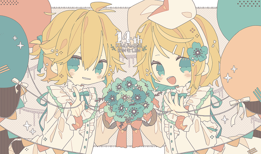 1boy, 1girl, :d, ahoge, anniversary, balloon, blonde_hair, blush