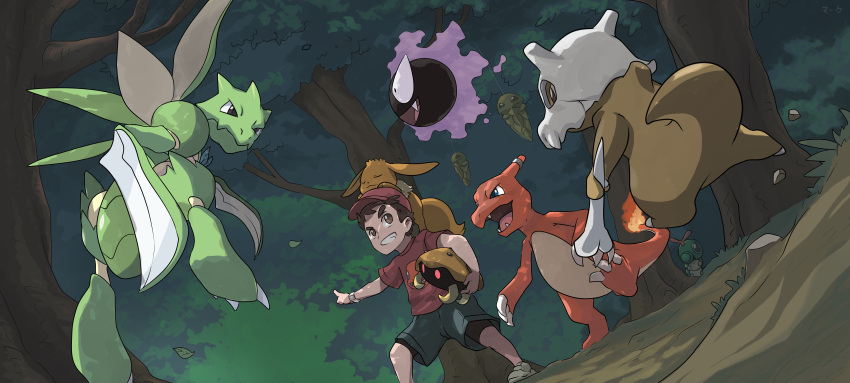 1boy, absurdres, bone, brown_eyes, brown_hair, caterpie, character_print, charmander