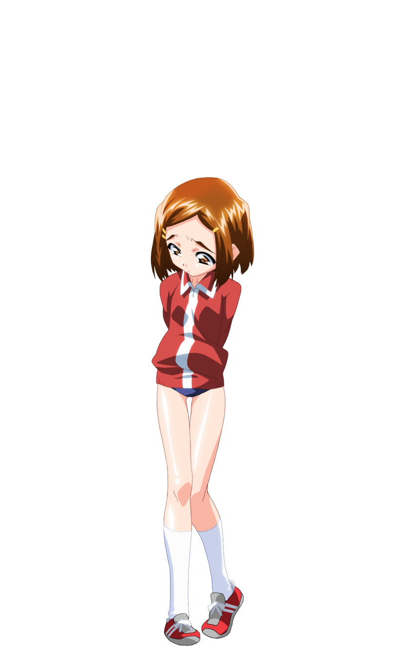 1girl, arms_behind_back, bob_cut, brown_eyes, brown_hair, buruma, closed_mouth, flat_chest, full_body, game_asset, hair_ornament, hairclip, highres, jacket, large_variant_set, long_sleeves, looking_down, mahotama, maki_daikichi, official_art, raised_inner_eyebrows, red_jacket, red_shoes, sakuragi_chisa, shoes, short_hair, simple_background, socks, solo, standing, swept_bangs, tachi-e, third-party_source, track_jacket, transparent_background, variant_set, visual_novel_cg, white_socks