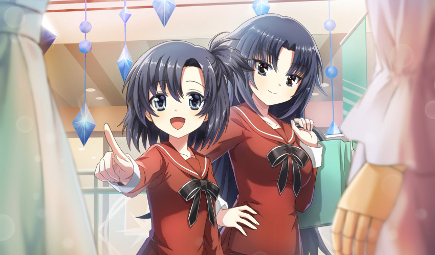 2girls, artist_request, asako_koito, asako_komaki, bag, black_bow, black_bowtie, black_hair