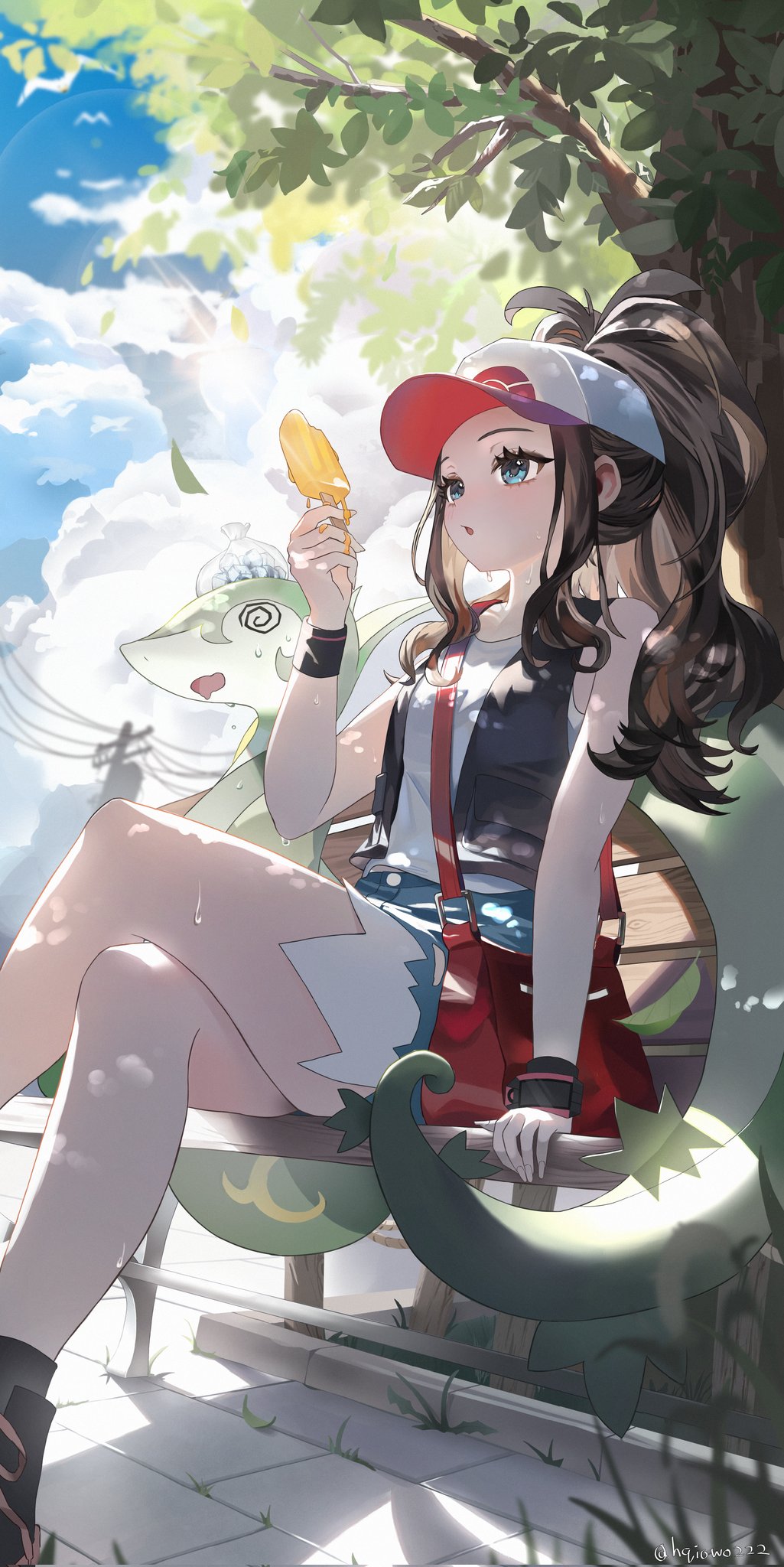 1girl, @_@, baseball_cap, black_vest, blue_eyes, blue_shorts, blue_sky, blush, breasts, brown_hair, clouds, commentary_request, crossed_legs, cutoffs, denim, denim_shorts, drooling, exposed_pocket, falling_leaves, feet_out_of_frame, food, hat, high_ponytail, highres, hilda_(pokemon), holding, holding_food, holding_popsicle, hot, ice, ice_cube, ice_pack, leaf, long_hair, mouth_drool, naz_(hsae3838), on_bench, on_head, open_clothes, open_mouth, open_vest, outdoors, pavement, poke_ball_print, pokemon, pokemon_(creature), pokemon_black_and_white, ponytail, popsicle, power_lines, serperior, shirt, shorts, sidelocks, sitting, sky, summer, sweat, tree, vest, white_shirt, wristband