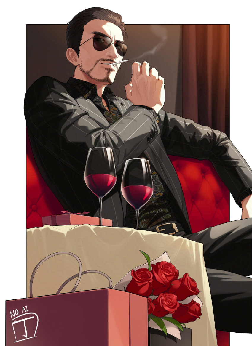 1boy, beard, belt, belt_buckle, black_hair, bt_guardjung, buckle, chain, cigarette, commentary_request, couch, cup, drinking_glass, facial_hair, flower, forehead, gold_chain, highres, indoors, jewelry, necklace, on_couch, pant_suit, pants, red_flower, red_rose, rose, ryuu_ga_gotoku_(series), ryuu_ga_gotoku_7_gaiden, short_hair, sitting, smoke, smoking, solo, suit, sunglasses, tsuruno_yuki, wine_glass