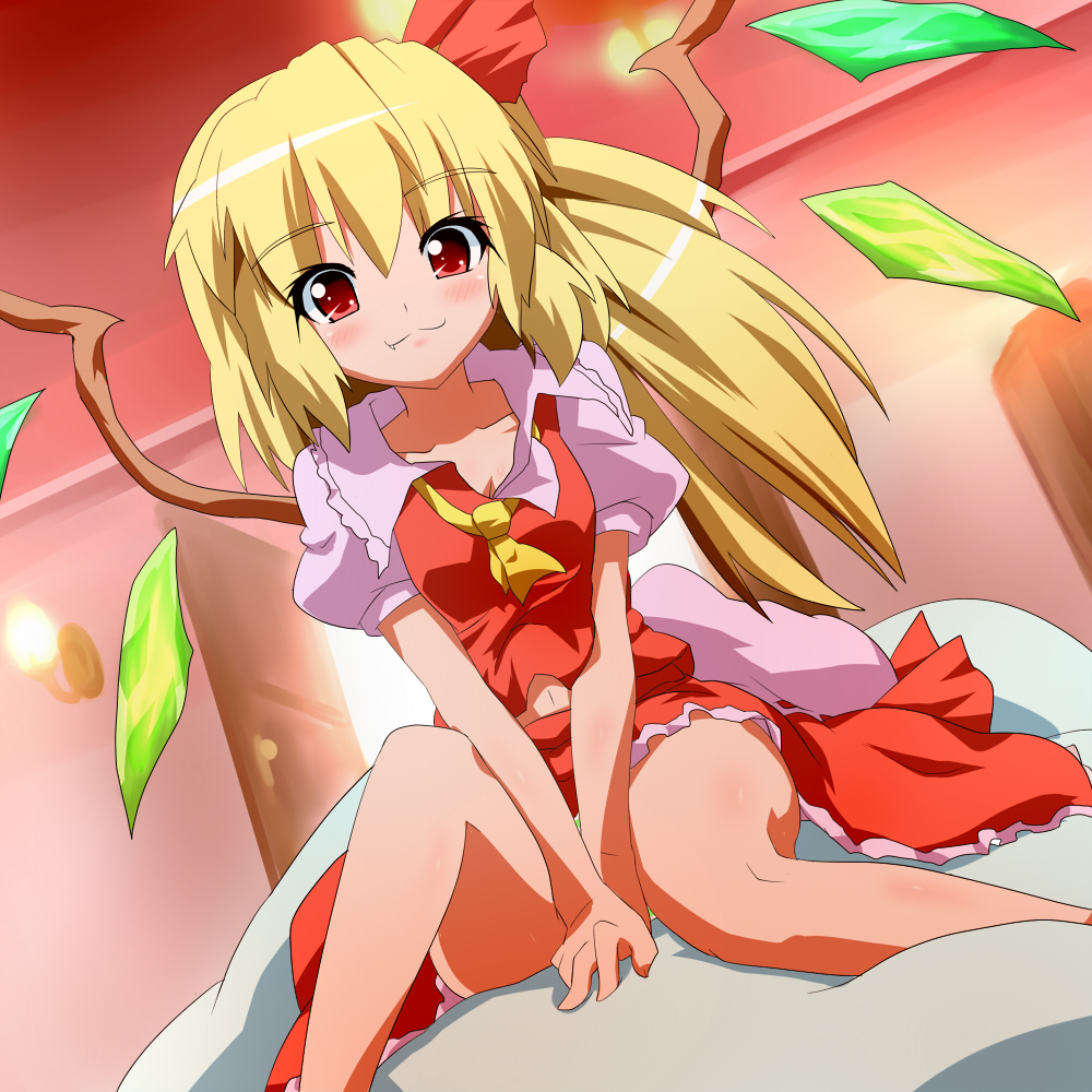 :3, ascot, bare_legs, bed, blonde_hair, blush, fang, flandre_scarlet