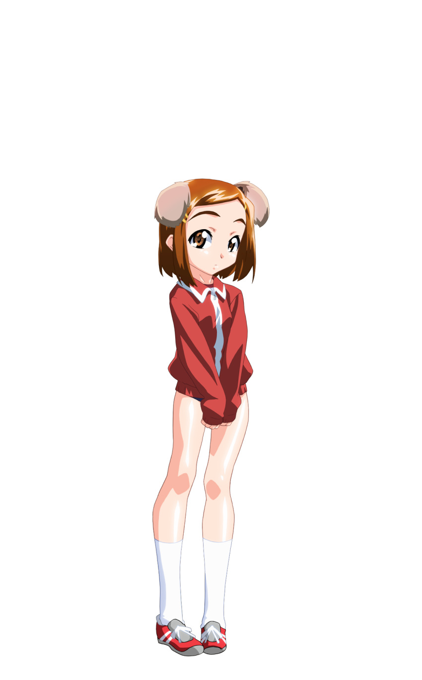 1girl, animal_ears, bob_cut, brown_eyes, brown_hair, buruma, closed_mouth, dog_ears