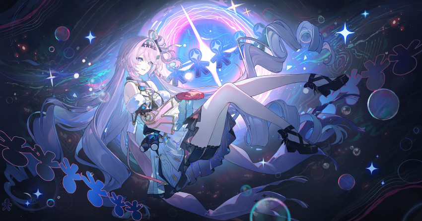 1girl, aleph-1_(wuthering_waves), bare_shoulders, black_shoes, black_shorts, blue_hair, colored_inner_hair, commentary_request, denia_(wuthering_waves), detached_sleeves, dress, echj, from_side, gloves, highres, long_hair, multicolored_hair, pink_hair, red_gloves, shoes, shorts, smile, solo, violet_eyes, white_dress, wuthering_waves