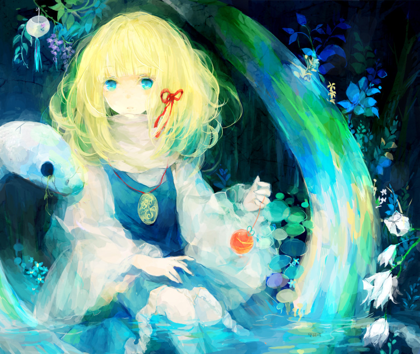 animal, blonde_hair, blue_dress, blue_eyes, dress, faux_traditional_media, flower, forest