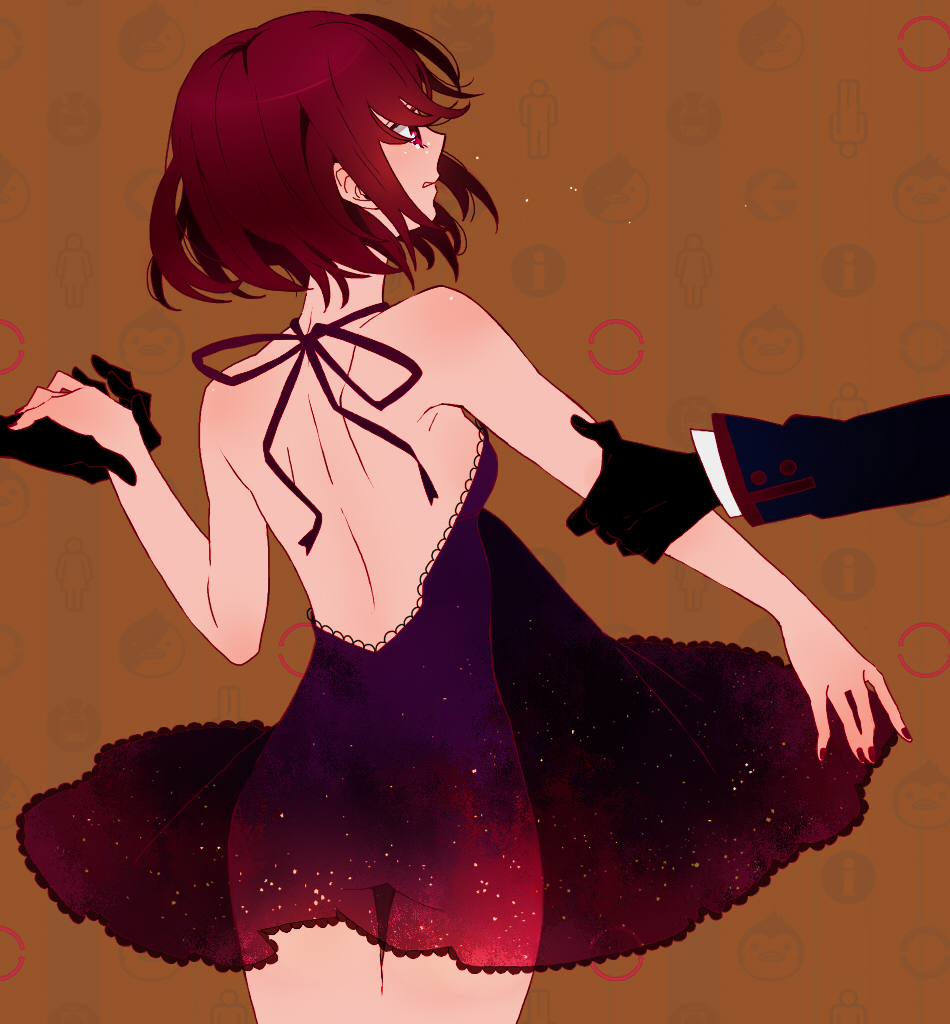 ateka, back, bob_cut, brown_eyes, brown_hair, gloves, mawaru_penguindrum, nail_polish